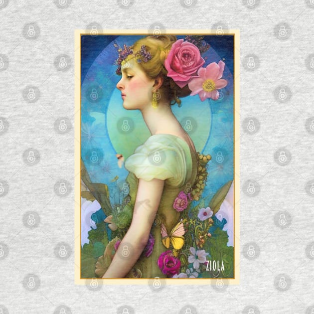 Pretty Flower Girl - Art Deco painting of girl with flowers and roses - A modern art or Art Nouveau style painting of a women or magical pagan girl by ZiolaRosa